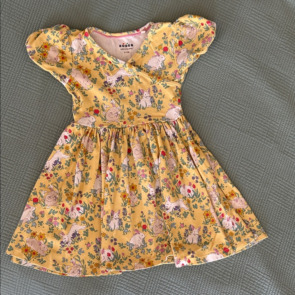 Boden Yellow Bunny & Floral Print Girls' Dress